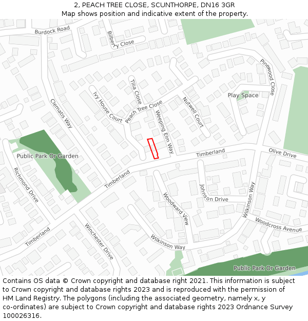 2, PEACH TREE CLOSE, SCUNTHORPE, DN16 3GR: Location map and indicative extent of plot
