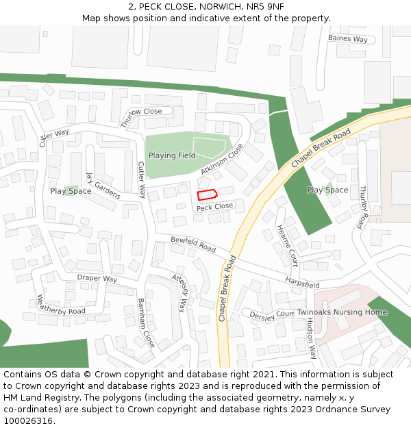 2, PECK CLOSE, NORWICH, NR5 9NF: Location map and indicative extent of plot