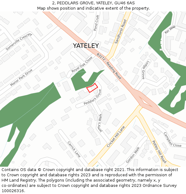 2, PEDDLARS GROVE, YATELEY, GU46 6AS: Location map and indicative extent of plot