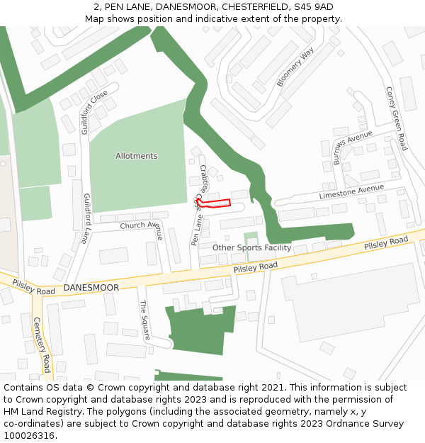 2, PEN LANE, DANESMOOR, CHESTERFIELD, S45 9AD: Location map and indicative extent of plot