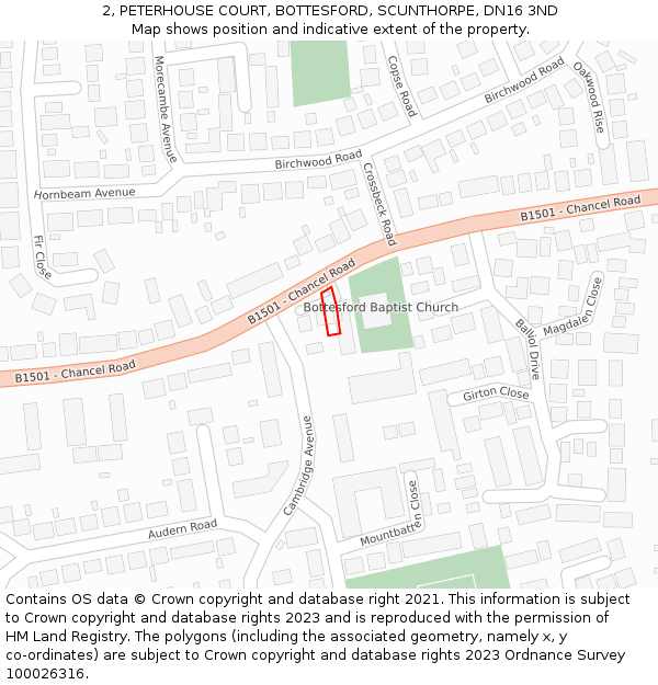 2, PETERHOUSE COURT, BOTTESFORD, SCUNTHORPE, DN16 3ND: Location map and indicative extent of plot
