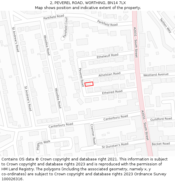 2, PEVEREL ROAD, WORTHING, BN14 7LX: Location map and indicative extent of plot