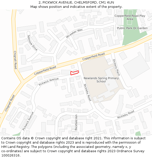 2, PICKWICK AVENUE, CHELMSFORD, CM1 4UN: Location map and indicative extent of plot