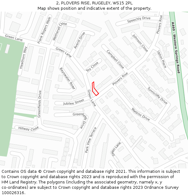 2, PLOVERS RISE, RUGELEY, WS15 2PL: Location map and indicative extent of plot