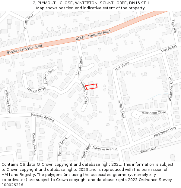 2, PLYMOUTH CLOSE, WINTERTON, SCUNTHORPE, DN15 9TH: Location map and indicative extent of plot