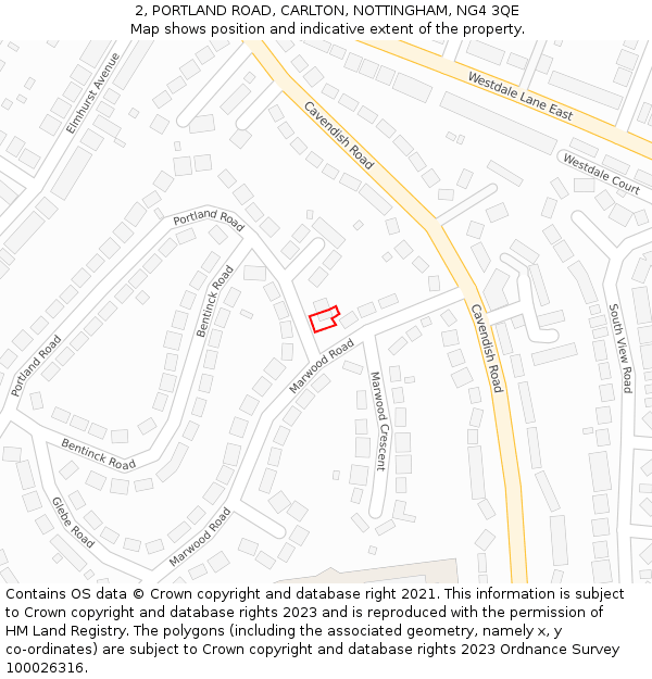 2, PORTLAND ROAD, CARLTON, NOTTINGHAM, NG4 3QE: Location map and indicative extent of plot