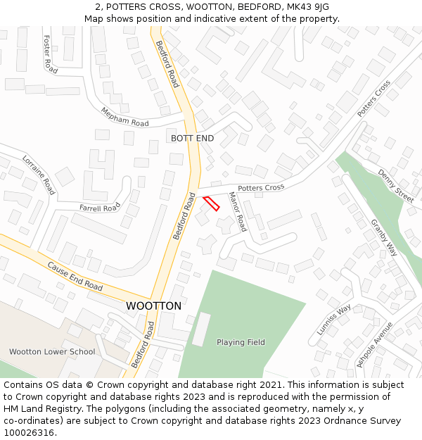 2, POTTERS CROSS, WOOTTON, BEDFORD, MK43 9JG: Location map and indicative extent of plot