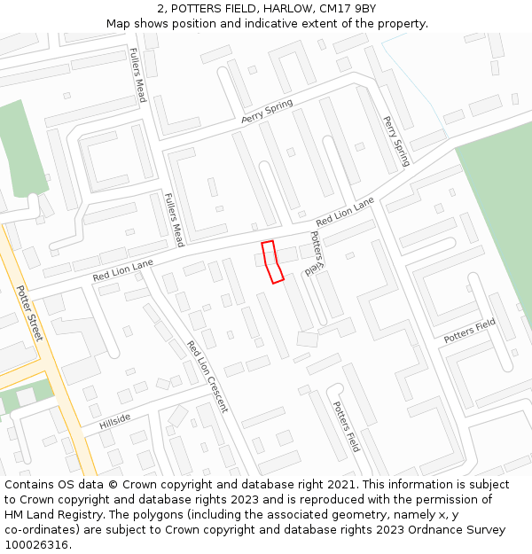 2, POTTERS FIELD, HARLOW, CM17 9BY: Location map and indicative extent of plot