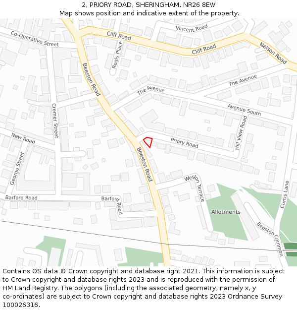 2, PRIORY ROAD, SHERINGHAM, NR26 8EW: Location map and indicative extent of plot