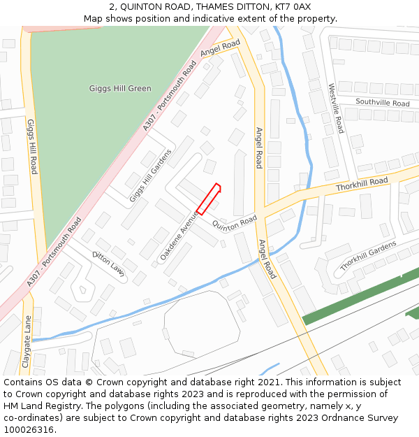 2, QUINTON ROAD, THAMES DITTON, KT7 0AX: Location map and indicative extent of plot