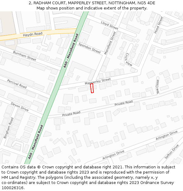 2, RADHAM COURT, MAPPERLEY STREET, NOTTINGHAM, NG5 4DE: Location map and indicative extent of plot