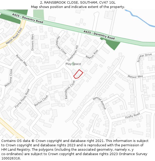 2, RAINSBROOK CLOSE, SOUTHAM, CV47 1GL: Location map and indicative extent of plot