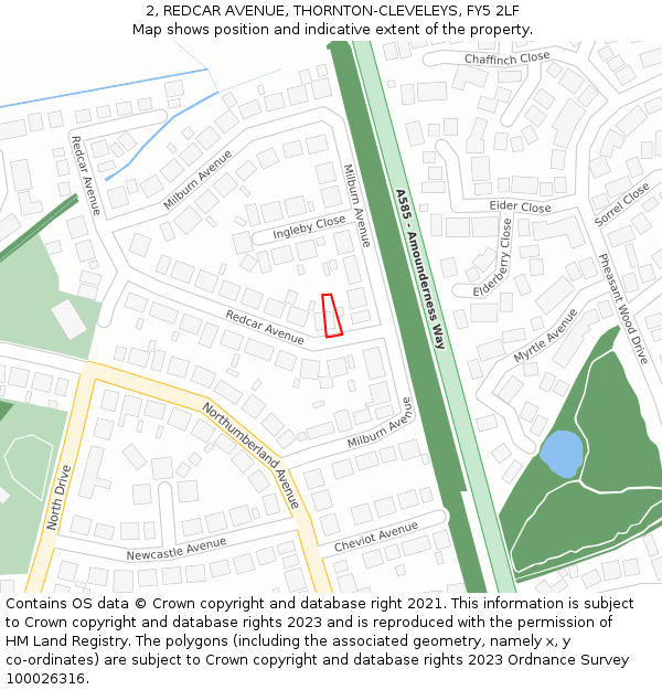 2, REDCAR AVENUE, THORNTON-CLEVELEYS, FY5 2LF: Location map and indicative extent of plot