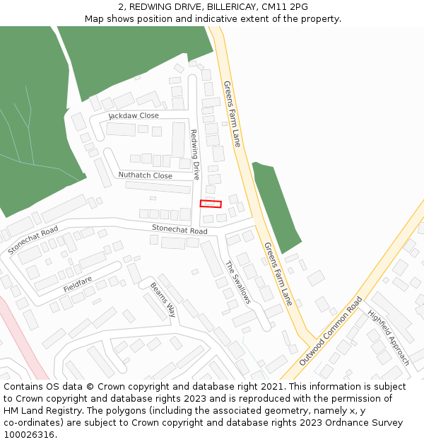 2, REDWING DRIVE, BILLERICAY, CM11 2PG: Location map and indicative extent of plot