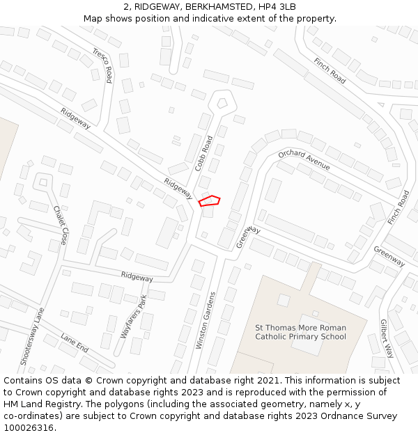 2, RIDGEWAY, BERKHAMSTED, HP4 3LB: Location map and indicative extent of plot
