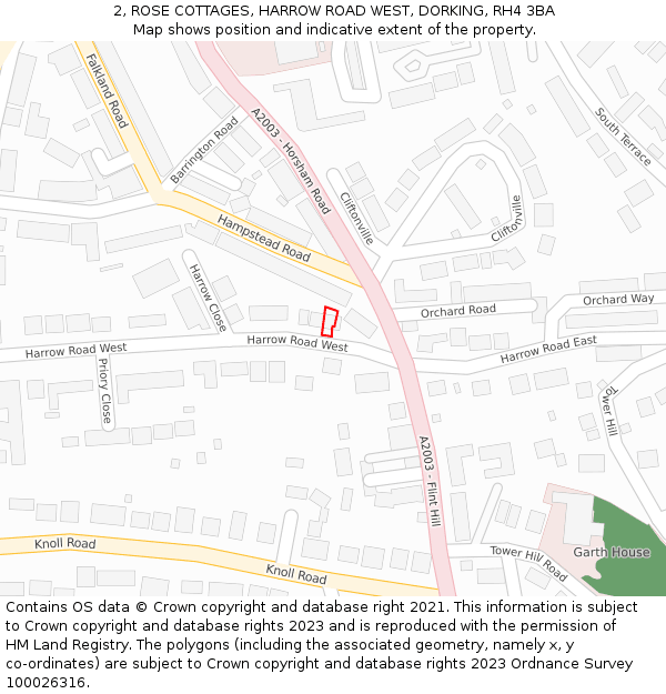 2, ROSE COTTAGES, HARROW ROAD WEST, DORKING, RH4 3BA: Location map and indicative extent of plot