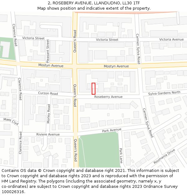 2, ROSEBERY AVENUE, LLANDUDNO, LL30 1TF: Location map and indicative extent of plot
