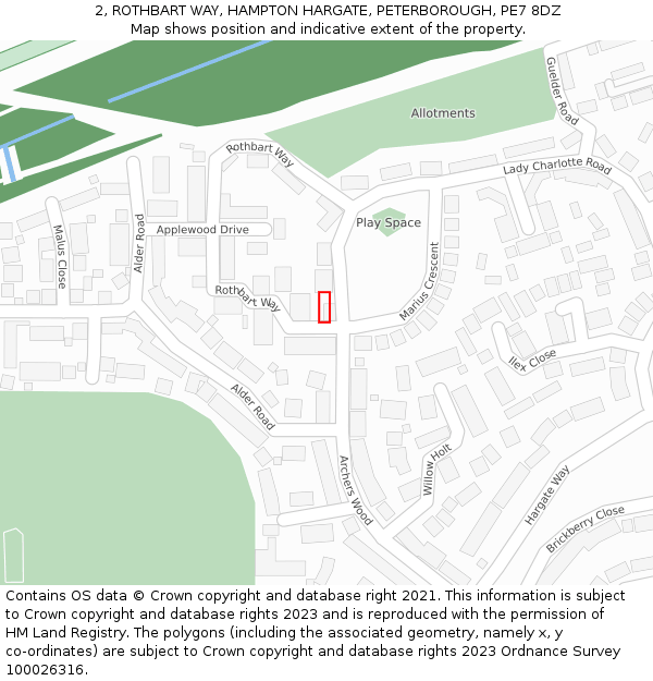 2, ROTHBART WAY, HAMPTON HARGATE, PETERBOROUGH, PE7 8DZ: Location map and indicative extent of plot