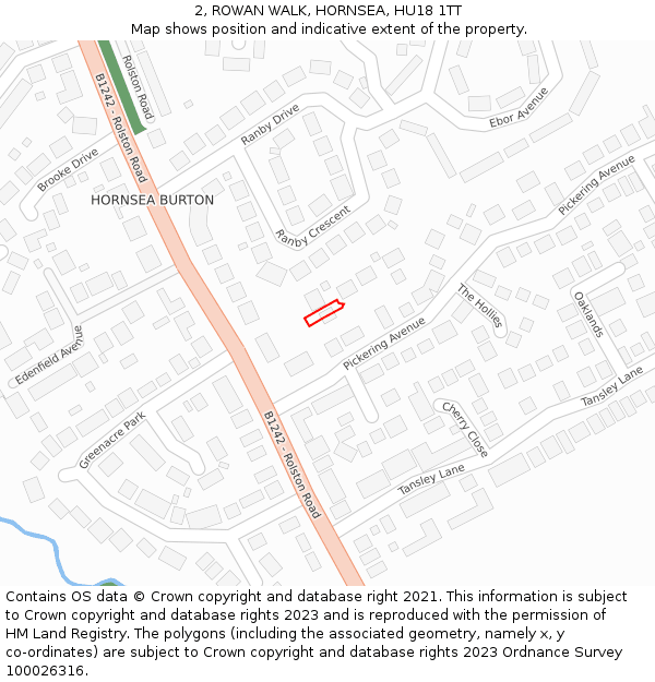 2, ROWAN WALK, HORNSEA, HU18 1TT: Location map and indicative extent of plot