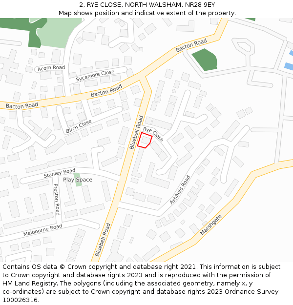 2, RYE CLOSE, NORTH WALSHAM, NR28 9EY: Location map and indicative extent of plot