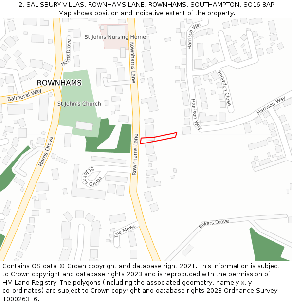 2, SALISBURY VILLAS, ROWNHAMS LANE, ROWNHAMS, SOUTHAMPTON, SO16 8AP: Location map and indicative extent of plot