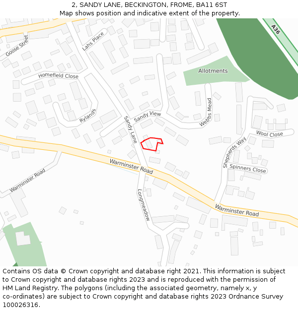 2, SANDY LANE, BECKINGTON, FROME, BA11 6ST: Location map and indicative extent of plot
