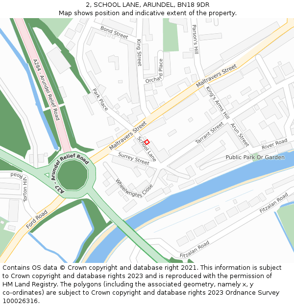 2, SCHOOL LANE, ARUNDEL, BN18 9DR: Location map and indicative extent of plot