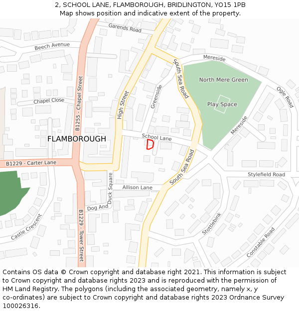 2, SCHOOL LANE, FLAMBOROUGH, BRIDLINGTON, YO15 1PB: Location map and indicative extent of plot