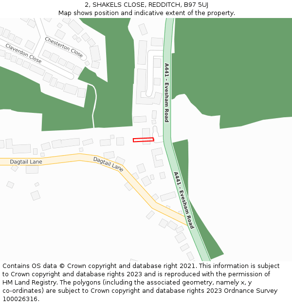 2, SHAKELS CLOSE, REDDITCH, B97 5UJ: Location map and indicative extent of plot