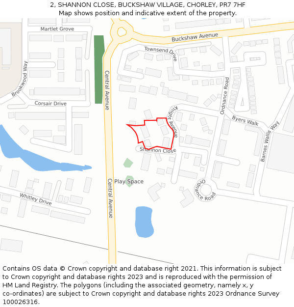 2, SHANNON CLOSE, BUCKSHAW VILLAGE, CHORLEY, PR7 7HF: Location map and indicative extent of plot