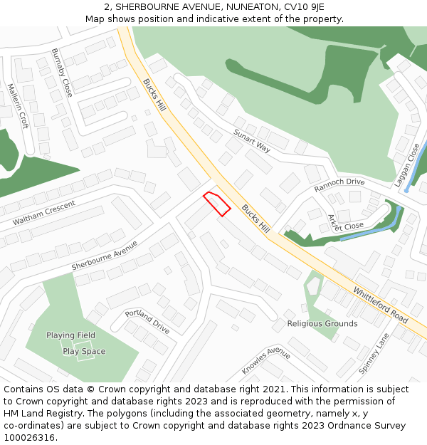 2, SHERBOURNE AVENUE, NUNEATON, CV10 9JE: Location map and indicative extent of plot
