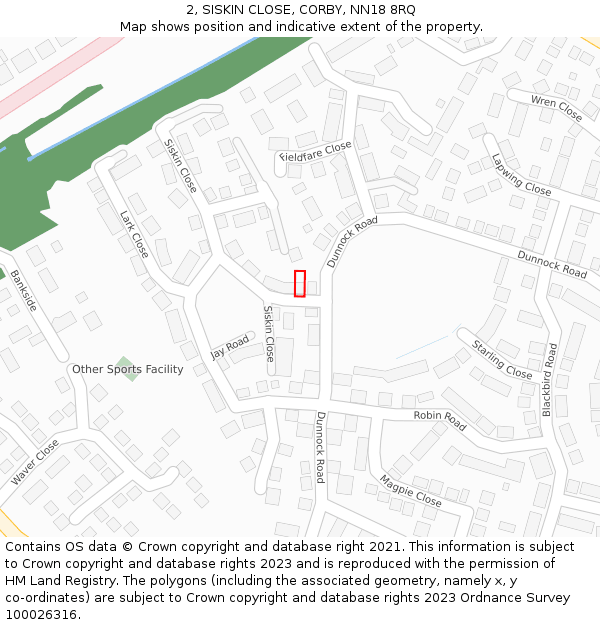 2, SISKIN CLOSE, CORBY, NN18 8RQ: Location map and indicative extent of plot