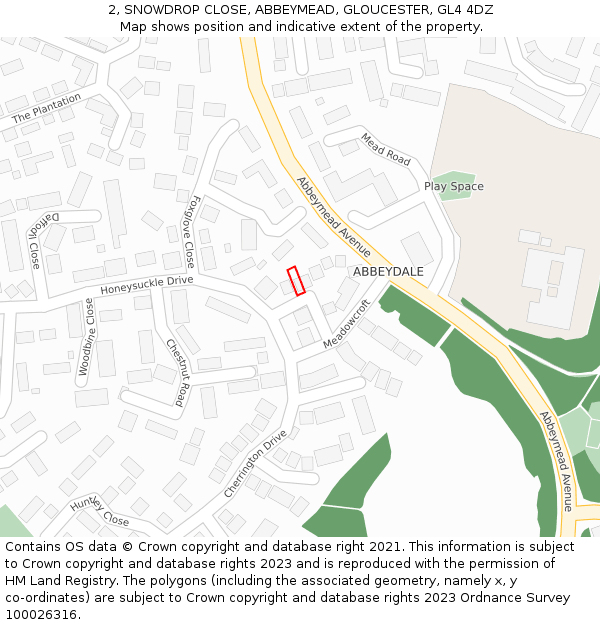 2, SNOWDROP CLOSE, ABBEYMEAD, GLOUCESTER, GL4 4DZ: Location map and indicative extent of plot