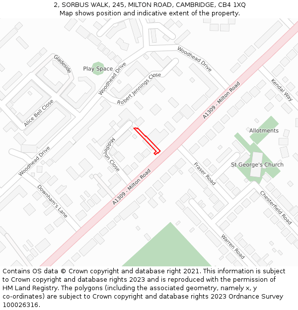 2, SORBUS WALK, 245, MILTON ROAD, CAMBRIDGE, CB4 1XQ: Location map and indicative extent of plot
