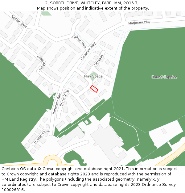 2, SORREL DRIVE, WHITELEY, FAREHAM, PO15 7JL: Location map and indicative extent of plot