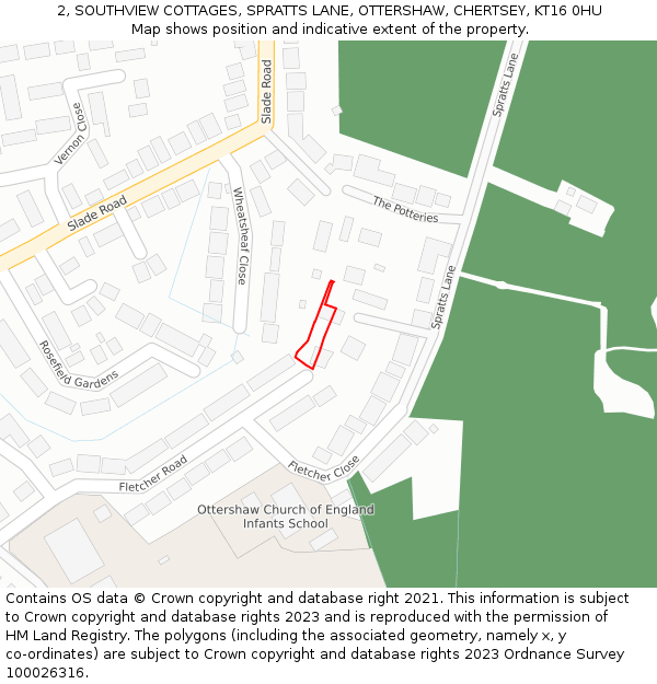 2, SOUTHVIEW COTTAGES, SPRATTS LANE, OTTERSHAW, CHERTSEY, KT16 0HU: Location map and indicative extent of plot