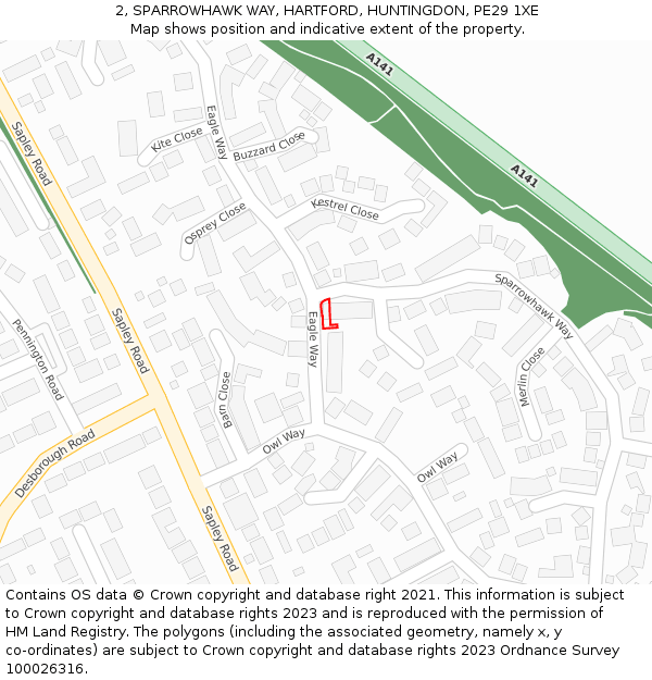 2, SPARROWHAWK WAY, HARTFORD, HUNTINGDON, PE29 1XE: Location map and indicative extent of plot