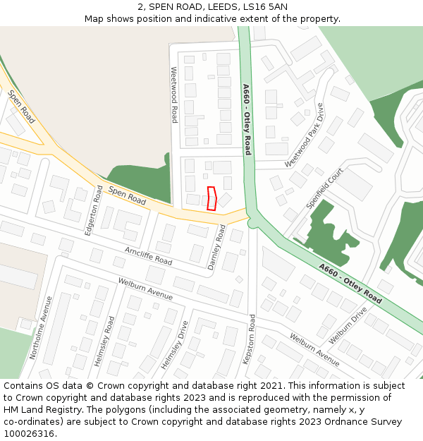 2, SPEN ROAD, LEEDS, LS16 5AN: Location map and indicative extent of plot