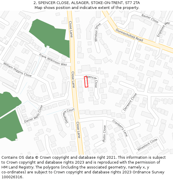 2, SPENCER CLOSE, ALSAGER, STOKE-ON-TRENT, ST7 2TA: Location map and indicative extent of plot