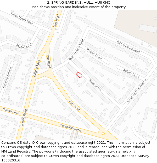 2, SPRING GARDENS, HULL, HU8 0NQ: Location map and indicative extent of plot