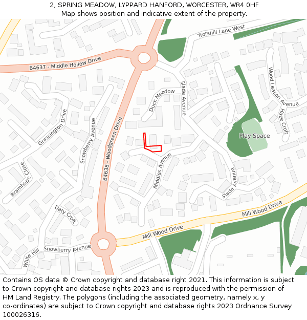 2, SPRING MEADOW, LYPPARD HANFORD, WORCESTER, WR4 0HF: Location map and indicative extent of plot