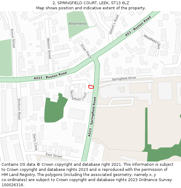 2, SPRINGFIELD COURT, LEEK, ST13 6LZ: Location map and indicative extent of plot