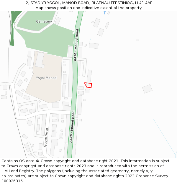 2, STAD YR YSGOL, MANOD ROAD, BLAENAU FFESTINIOG, LL41 4AF: Location map and indicative extent of plot