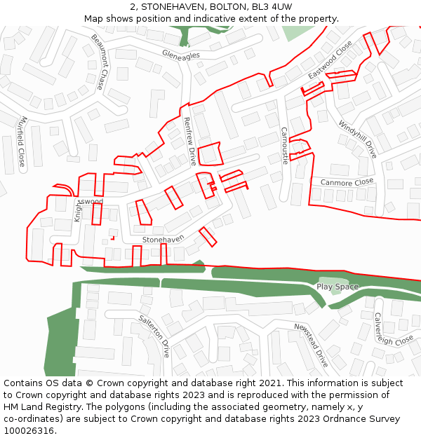 2, STONEHAVEN, BOLTON, BL3 4UW: Location map and indicative extent of plot