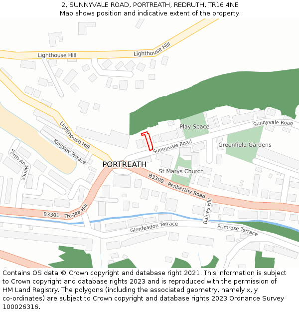 2, SUNNYVALE ROAD, PORTREATH, REDRUTH, TR16 4NE: Location map and indicative extent of plot
