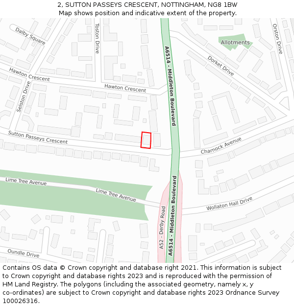 2, SUTTON PASSEYS CRESCENT, NOTTINGHAM, NG8 1BW: Location map and indicative extent of plot