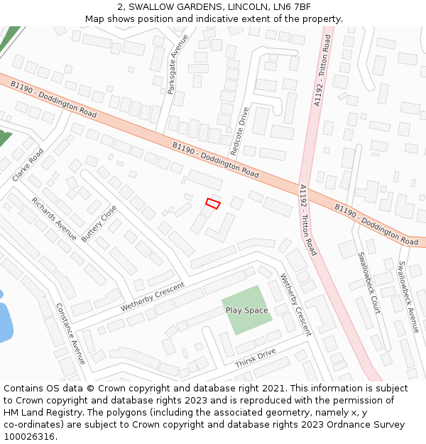 2, SWALLOW GARDENS, LINCOLN, LN6 7BF: Location map and indicative extent of plot
