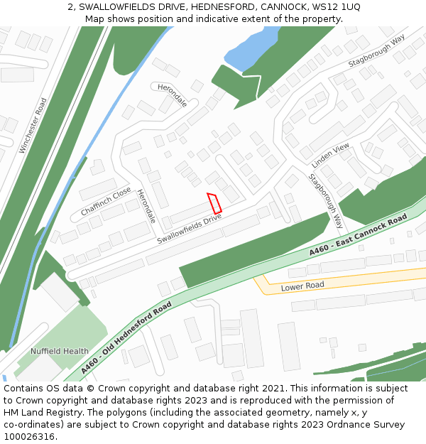 2, SWALLOWFIELDS DRIVE, HEDNESFORD, CANNOCK, WS12 1UQ: Location map and indicative extent of plot