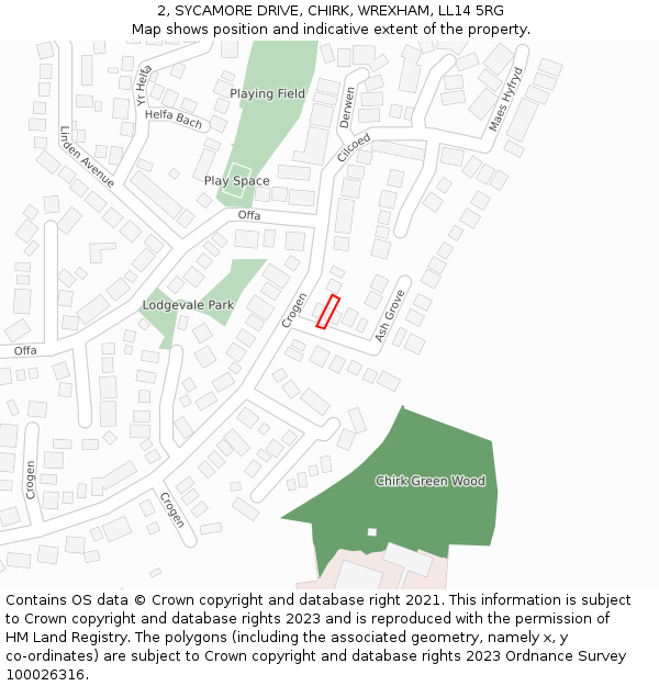 2, SYCAMORE DRIVE, CHIRK, WREXHAM, LL14 5RG: Location map and indicative extent of plot