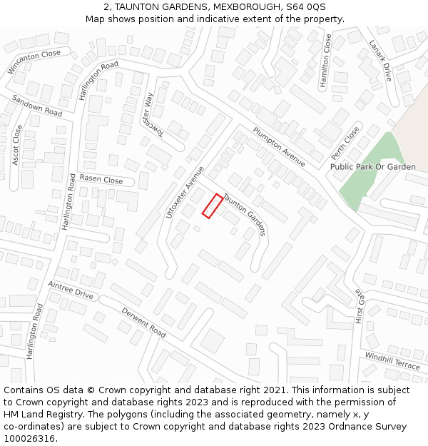 2, TAUNTON GARDENS, MEXBOROUGH, S64 0QS: Location map and indicative extent of plot